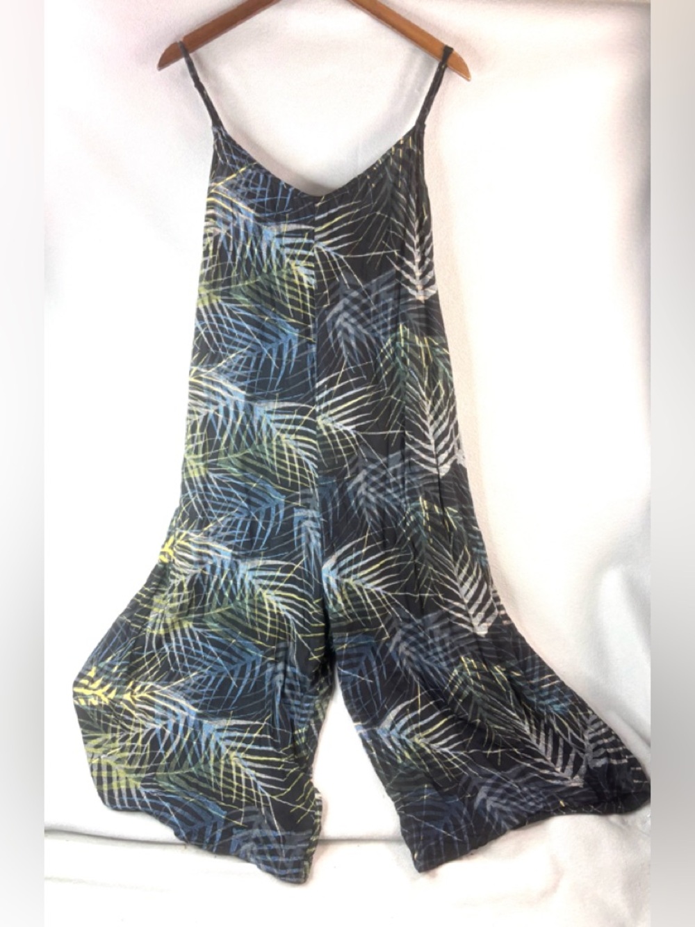 World Market L/XL Tropical Leaf-Print Wide Leg Jumpsuit - Blue & Green